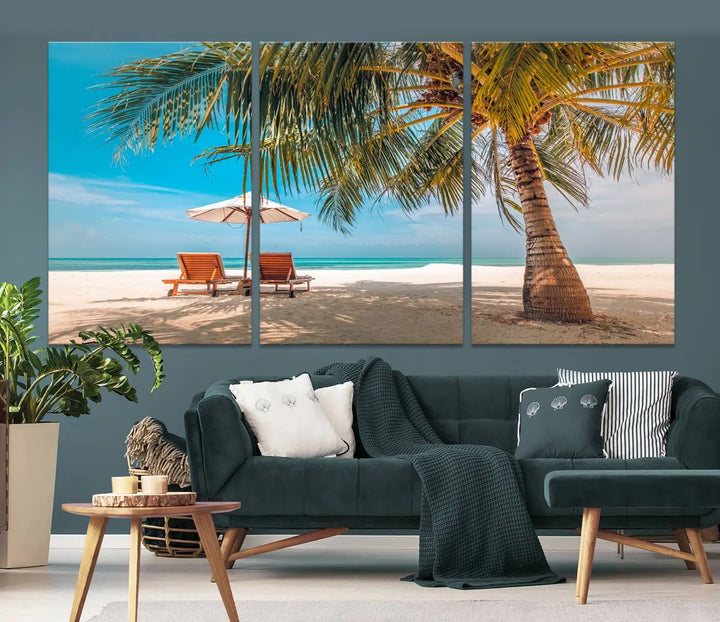 The Tropical Beach Wall Art set features a 3-panel large canvas print with palm trees and sun loungers, creating a serene oasis in your living space.