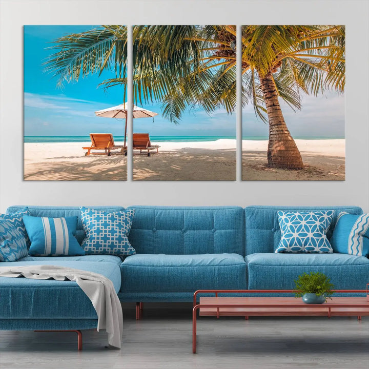 The Tropical Beach Wall Art set features a 3-panel large canvas print with palm trees and sun loungers, creating a serene oasis in your living space.