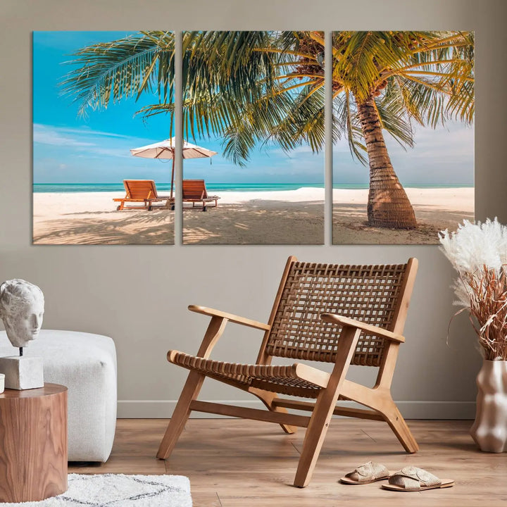 The Tropical Beach Wall Art set features a 3-panel large canvas print with palm trees and sun loungers, creating a serene oasis in your living space.