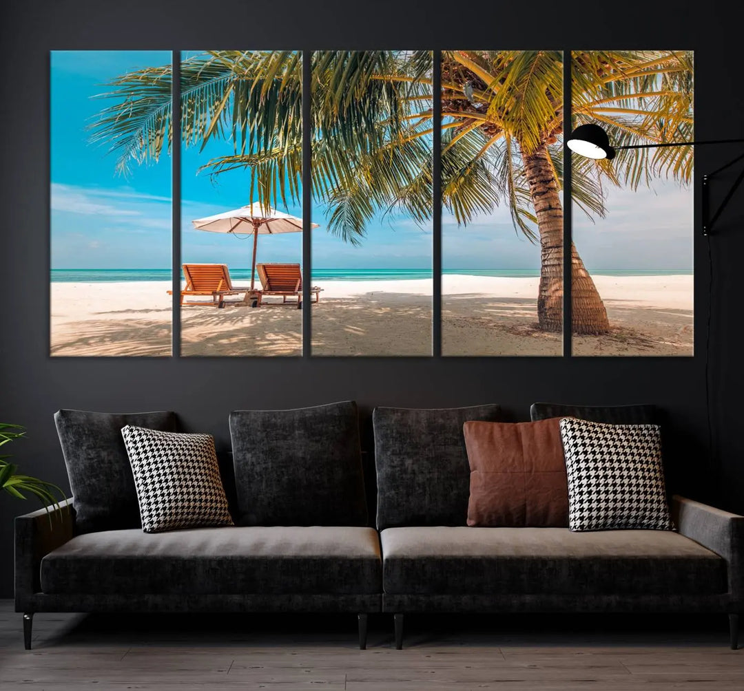 The Tropical Beach Wall Art set features a 3-panel large canvas print with palm trees and sun loungers, creating a serene oasis in your living space.