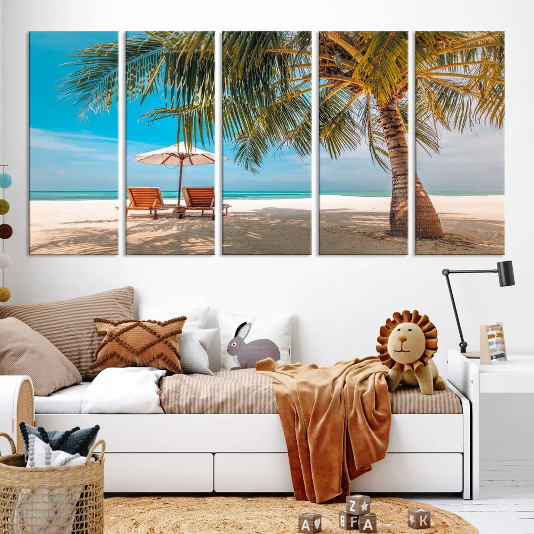 The Tropical Beach Wall Art set features a 3-panel large canvas print with palm trees and sun loungers, creating a serene oasis in your living space.