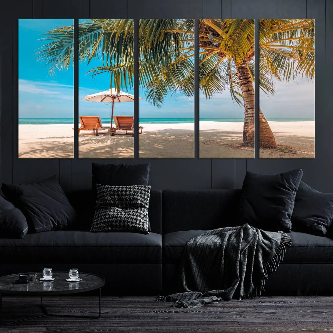 The Tropical Beach Wall Art set features a 3-panel large canvas print with palm trees and sun loungers, creating a serene oasis in your living space.