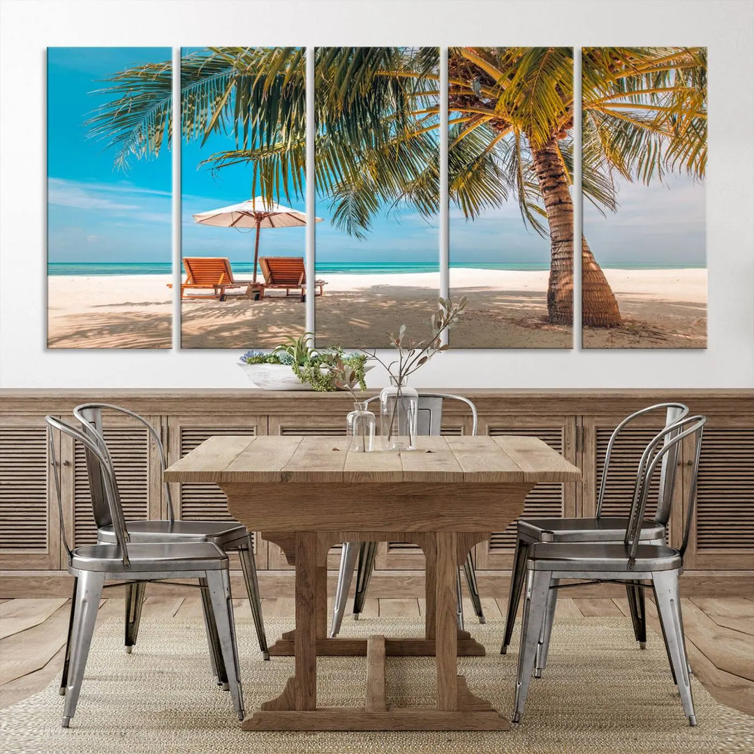 The Tropical Beach Wall Art set features a 3-panel large canvas print with palm trees and sun loungers, creating a serene oasis in your living space.