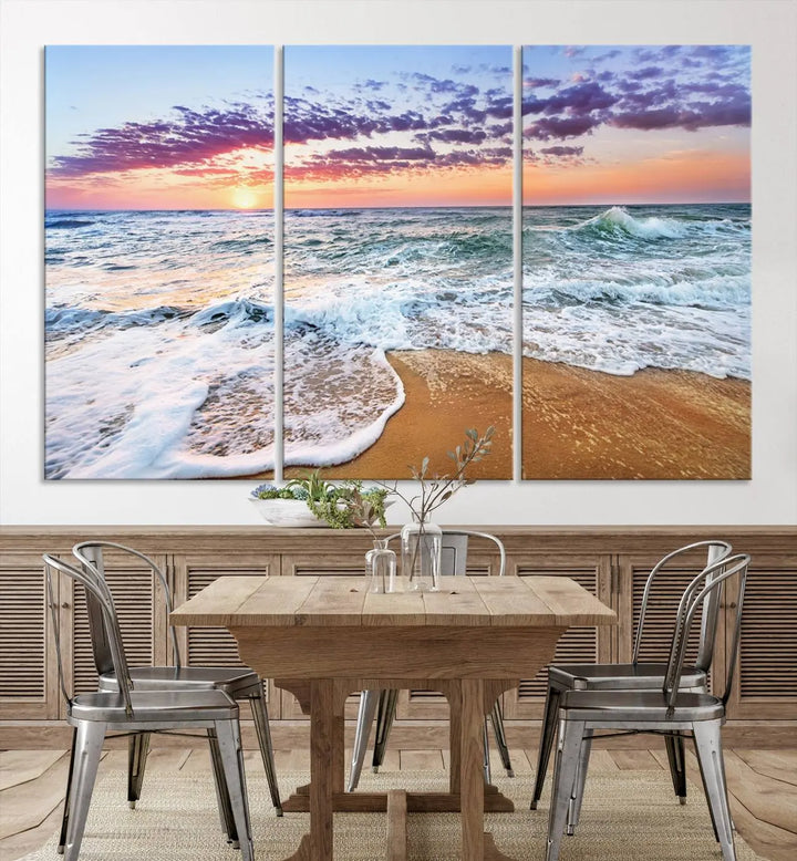 A triptych canvas wall art featuring the Tropical Beach Waves Art Print with a sunset ocean seascape adds striking beauty and perfectly complements the modern living room’s coastal decor.