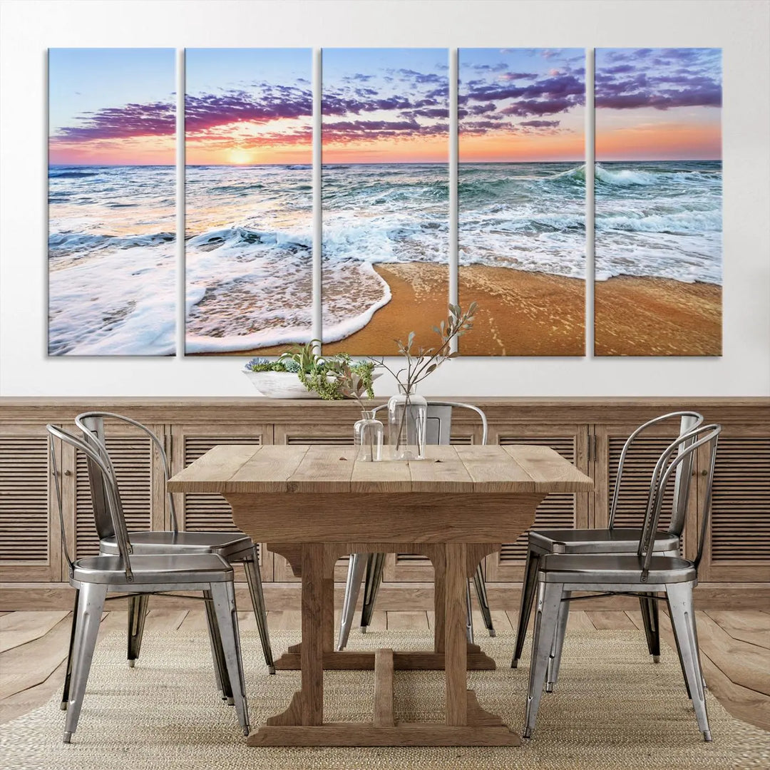 A triptych canvas wall art featuring the Tropical Beach Waves Art Print with a sunset ocean seascape adds striking beauty and perfectly complements the modern living room’s coastal decor.