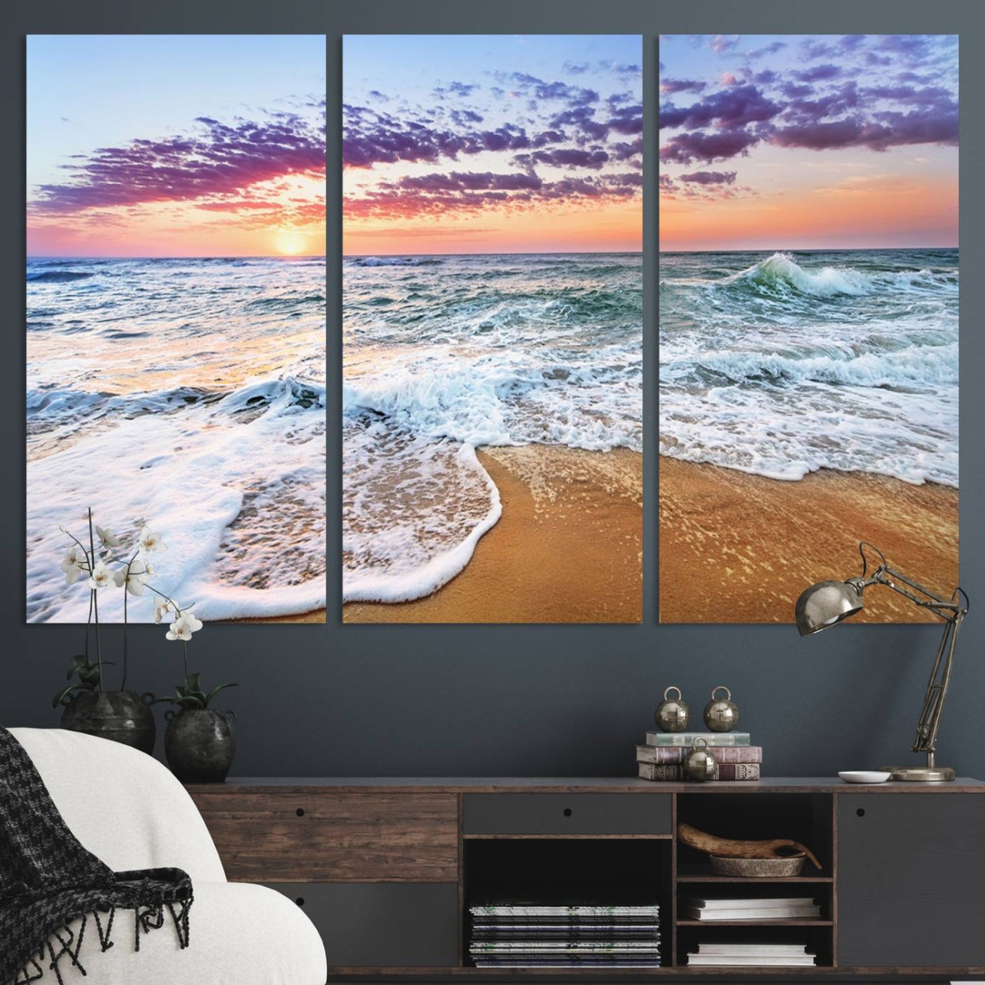 53006-MGV-CV-48X32-3P-Tropical Beach Waves Art Print Sunset Canvas Print Ocean Seascape Art Coastal Art