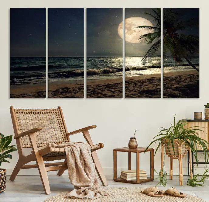 The Tropical Beach and Moon Wall Art Canvas Print features a stunning three-panel artwork of a moonlit beach, complete with waves and a palm tree beneath a starry night sky. It is displayed on museum-quality canvas with an elegant gallery wrap and includes a UV-protective coating for enduring beauty.