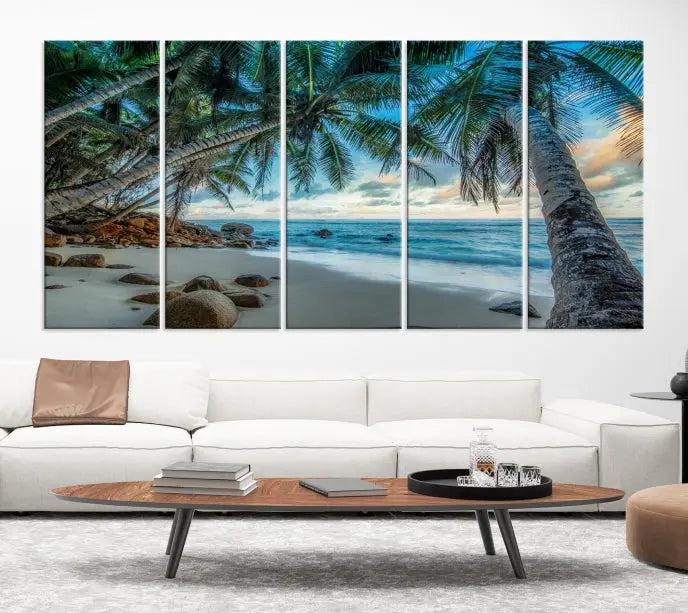 The wall features museum-quality art, showcasing the Tropical Beach and Palms Wall Art Canvas Print in a triptych format.