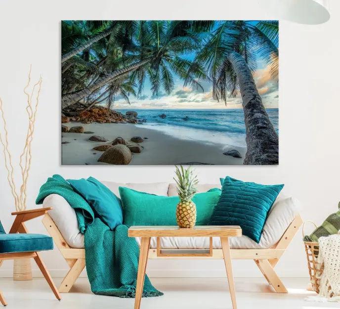 The wall features museum-quality art, showcasing the Tropical Beach and Palms Wall Art Canvas Print in a triptych format.