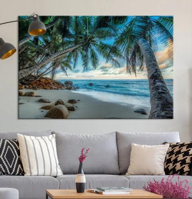 The wall features museum-quality art, showcasing the Tropical Beach and Palms Wall Art Canvas Print in a triptych format.