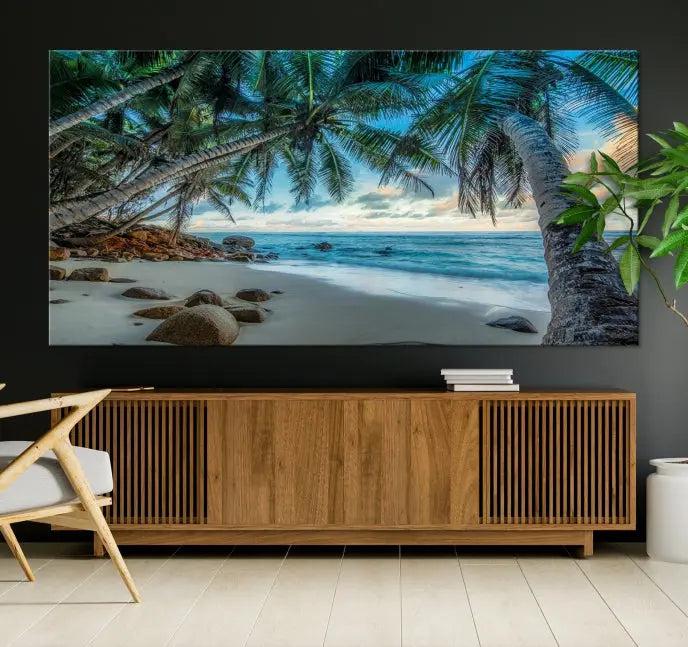 The wall features museum-quality art, showcasing the Tropical Beach and Palms Wall Art Canvas Print in a triptych format.