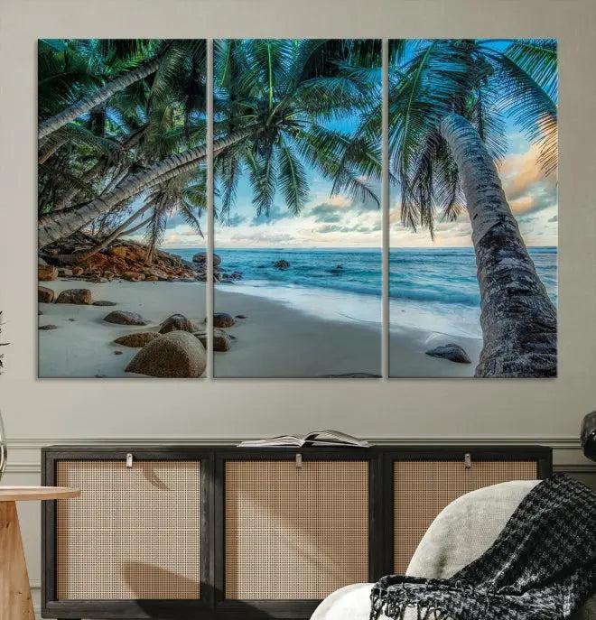 The wall features museum-quality art, showcasing the Tropical Beach and Palms Wall Art Canvas Print in a triptych format.