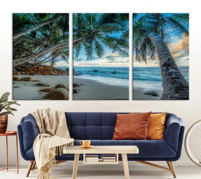 The wall features museum-quality art, showcasing the Tropical Beach and Palms Wall Art Canvas Print in a triptych format.