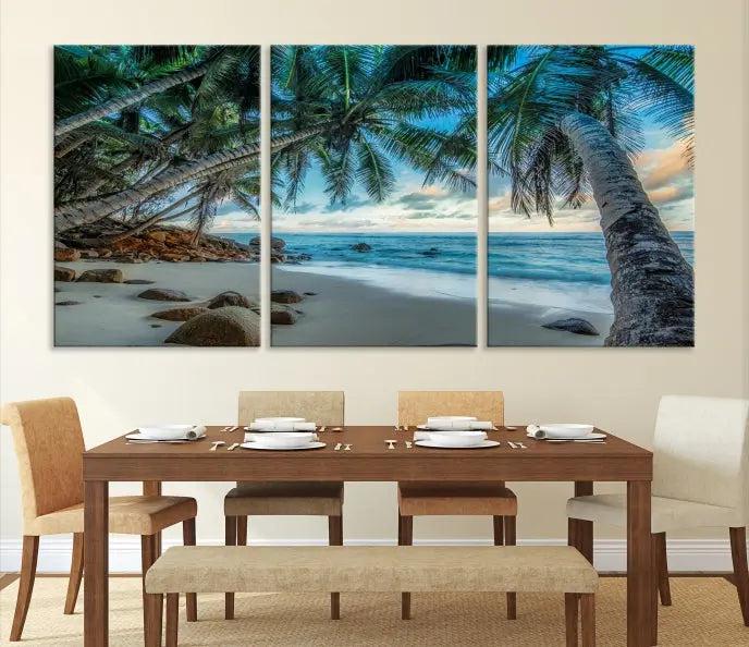 The wall features museum-quality art, showcasing the Tropical Beach and Palms Wall Art Canvas Print in a triptych format.