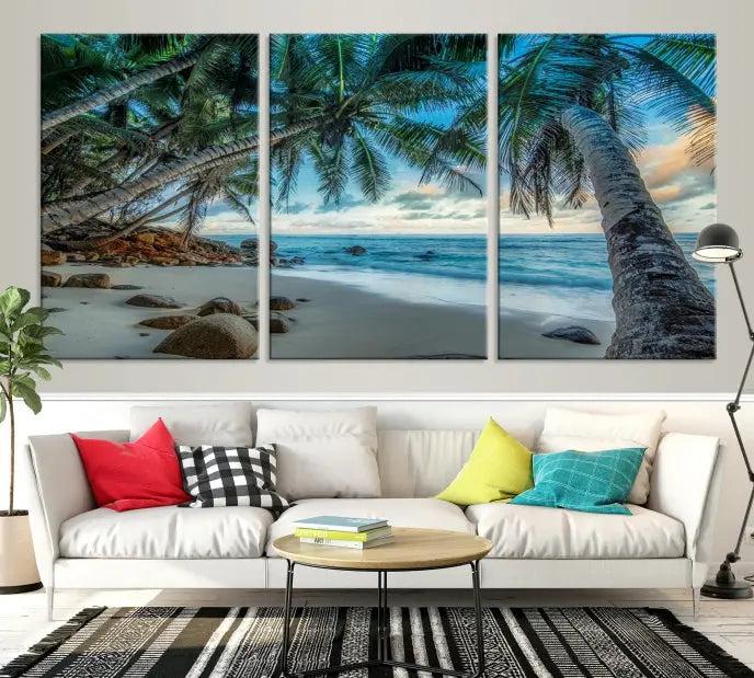 The wall features museum-quality art, showcasing the Tropical Beach and Palms Wall Art Canvas Print in a triptych format.