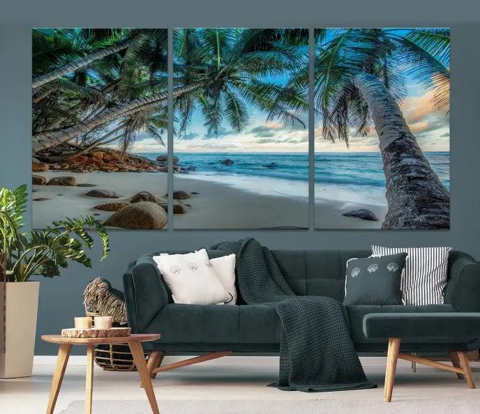 The wall features museum-quality art, showcasing the Tropical Beach and Palms Wall Art Canvas Print in a triptych format.