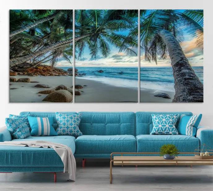 The wall features museum-quality art, showcasing the Tropical Beach and Palms Wall Art Canvas Print in a triptych format.