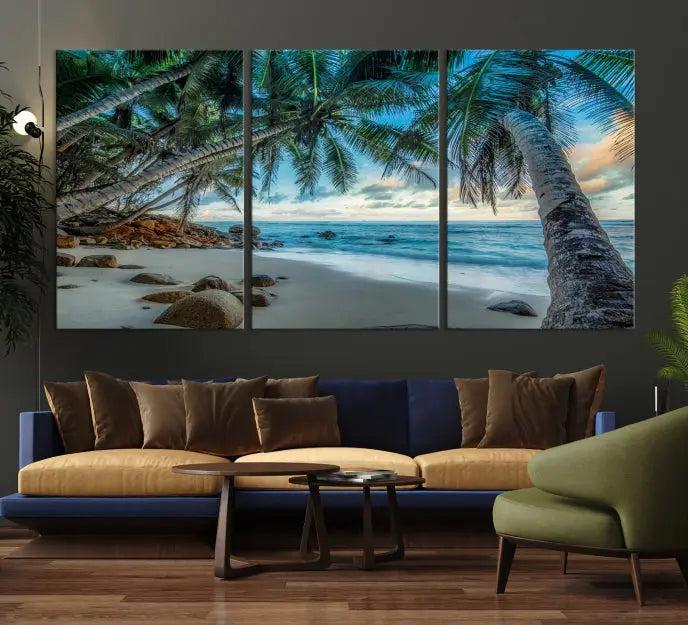 The wall features museum-quality art, showcasing the Tropical Beach and Palms Wall Art Canvas Print in a triptych format.