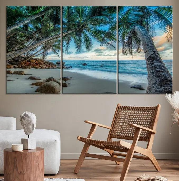 The wall features museum-quality art, showcasing the Tropical Beach and Palms Wall Art Canvas Print in a triptych format.