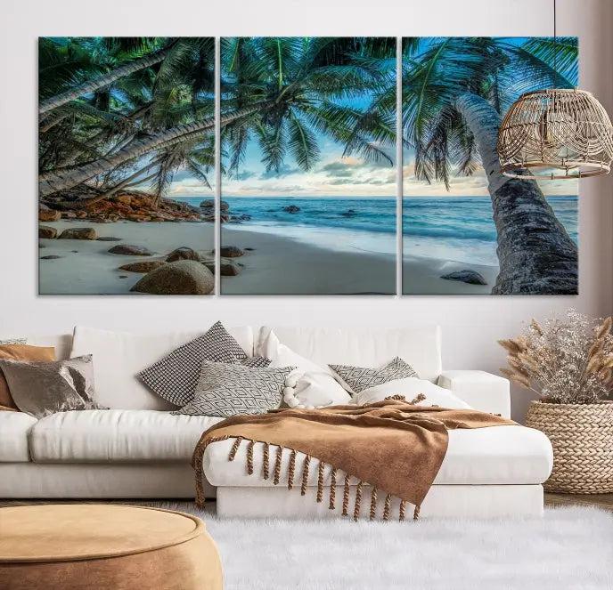 The wall features museum-quality art, showcasing the Tropical Beach and Palms Wall Art Canvas Print in a triptych format.