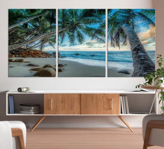 The wall features museum-quality art, showcasing the Tropical Beach and Palms Wall Art Canvas Print in a triptych format.