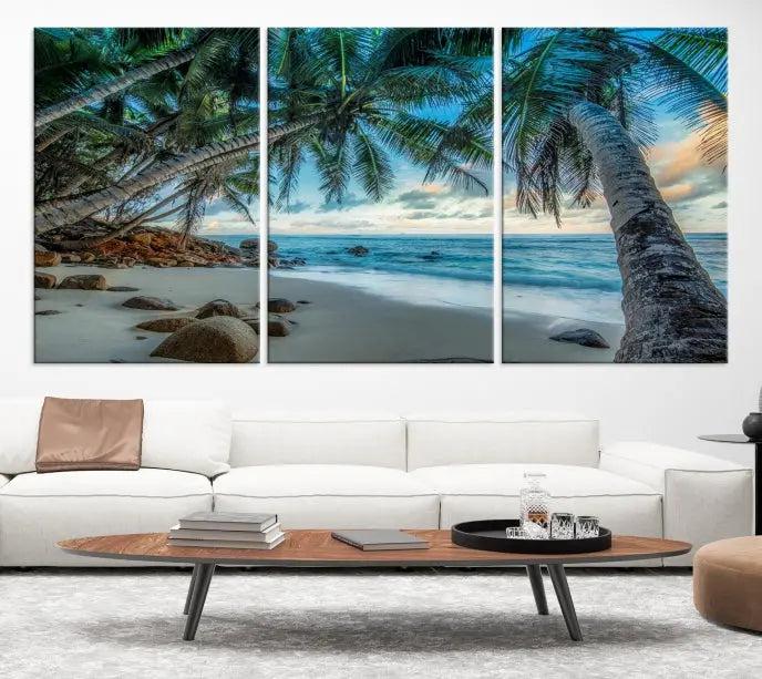 The wall features museum-quality art, showcasing the Tropical Beach and Palms Wall Art Canvas Print in a triptych format.