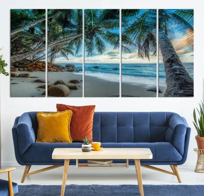 The wall features museum-quality art, showcasing the Tropical Beach and Palms Wall Art Canvas Print in a triptych format.