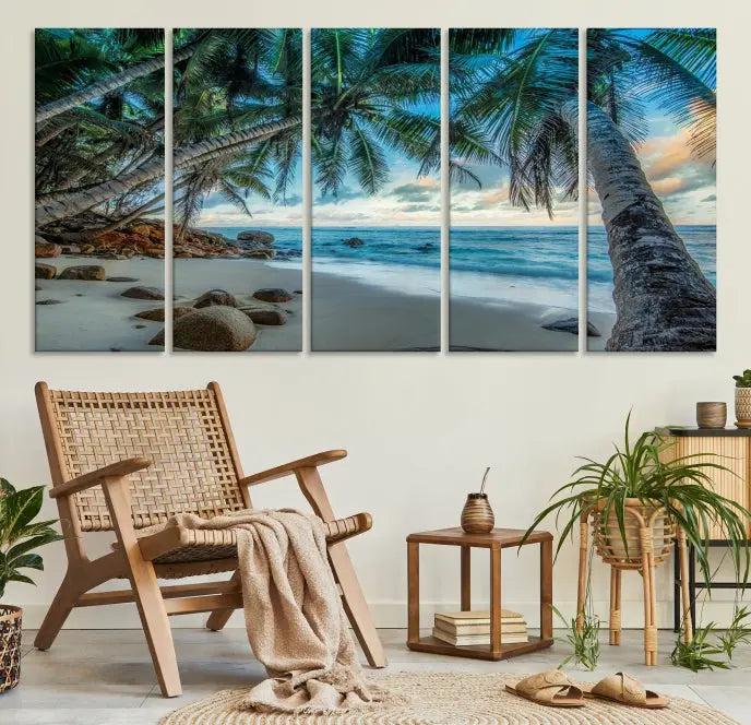 The wall features museum-quality art, showcasing the Tropical Beach and Palms Wall Art Canvas Print in a triptych format.