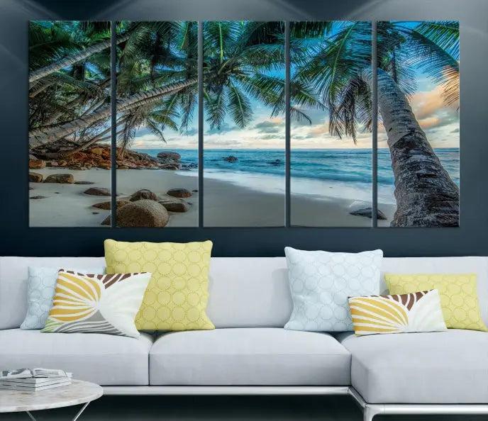 The wall features museum-quality art, showcasing the Tropical Beach and Palms Wall Art Canvas Print in a triptych format.