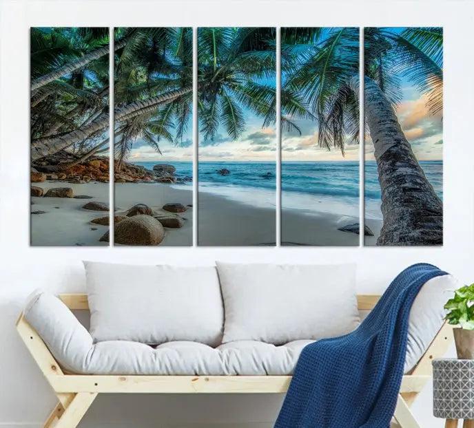 The wall features museum-quality art, showcasing the Tropical Beach and Palms Wall Art Canvas Print in a triptych format.