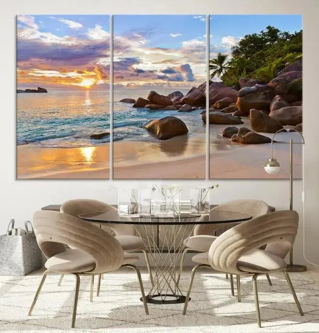 In a cozy living room, the "Tropical Island Beach Sunset Canvas Print," crafted on museum-quality canvas, hangs on the wall.