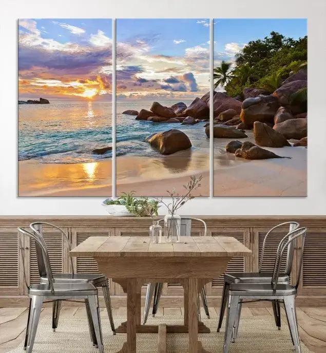 In a cozy living room, the "Tropical Island Beach Sunset Canvas Print," crafted on museum-quality canvas, hangs on the wall.