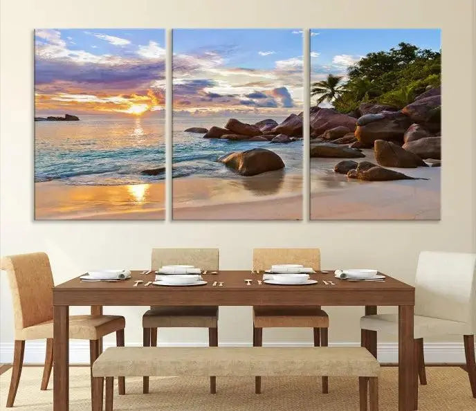 In a cozy living room, the "Tropical Island Beach Sunset Canvas Print," crafted on museum-quality canvas, hangs on the wall.