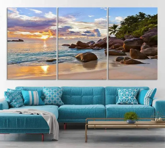 In a cozy living room, the "Tropical Island Beach Sunset Canvas Print," crafted on museum-quality canvas, hangs on the wall.