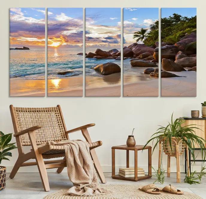 In a cozy living room, the "Tropical Island Beach Sunset Canvas Print," crafted on museum-quality canvas, hangs on the wall.