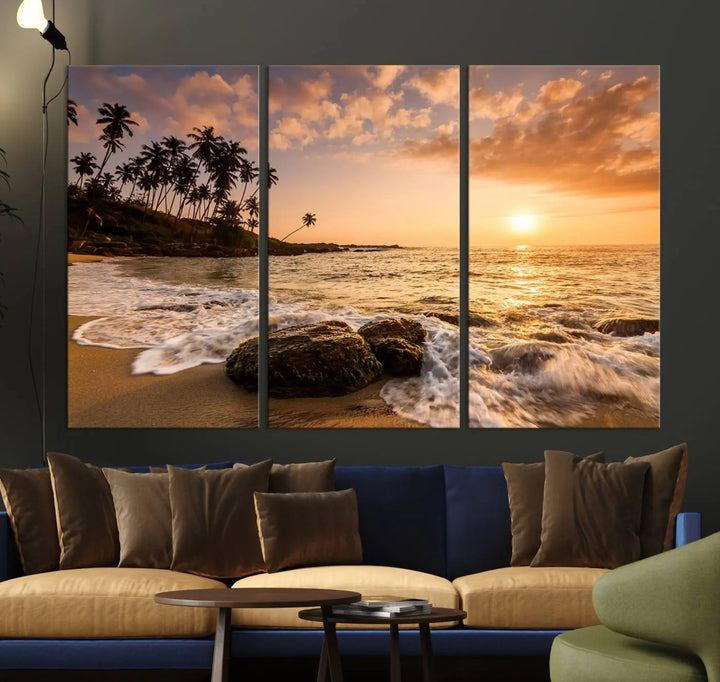 The "Tropical Island Sunset Sunrise Wall Art Canvas Print" is a stunning triptych that showcases a tranquil beach sunset complete with waves and palm trees. Each canvas piece is meticulously hand-assembled and framed using museum-quality polycotton with a UV-protective coating to ensure enduring beauty.