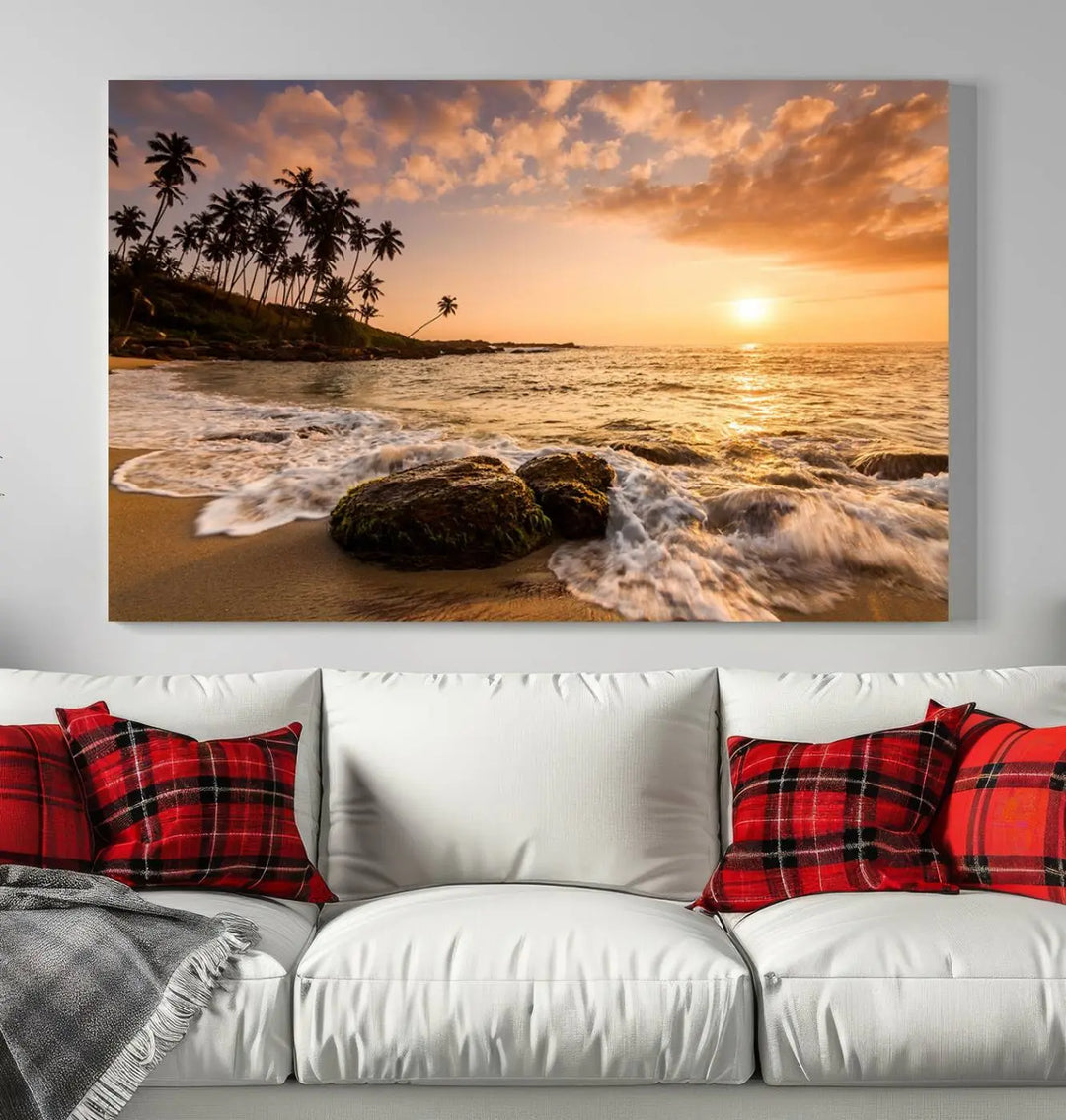 The "Tropical Island Sunset Sunrise Wall Art Canvas Print" is a stunning triptych that showcases a tranquil beach sunset complete with waves and palm trees. Each canvas piece is meticulously hand-assembled and framed using museum-quality polycotton with a UV-protective coating to ensure enduring beauty.