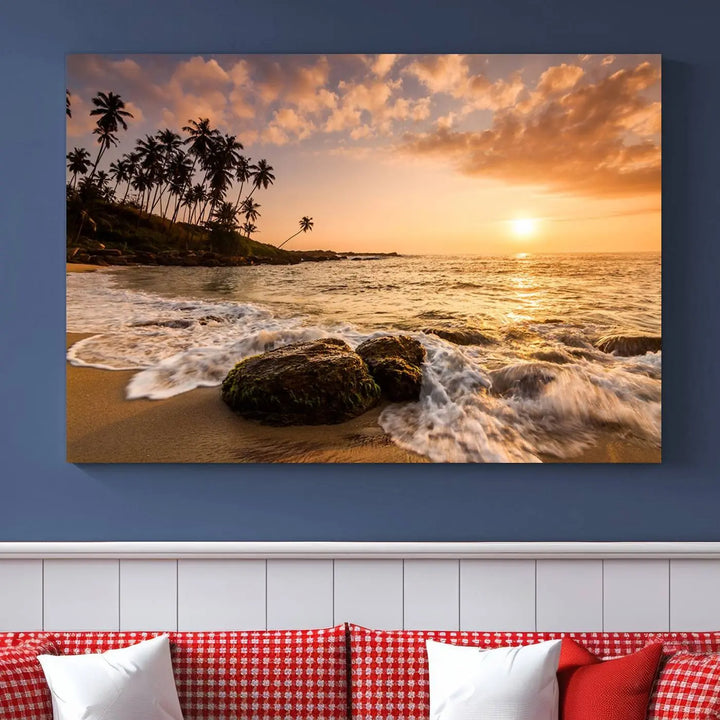 The "Tropical Island Sunset Sunrise Wall Art Canvas Print" is a stunning triptych that showcases a tranquil beach sunset complete with waves and palm trees. Each canvas piece is meticulously hand-assembled and framed using museum-quality polycotton with a UV-protective coating to ensure enduring beauty.