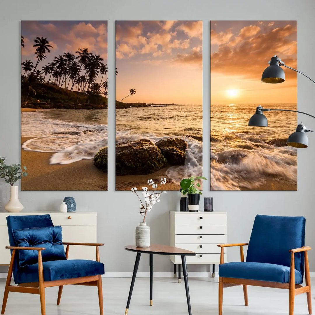 The "Tropical Island Sunset Sunrise Wall Art Canvas Print" is a stunning triptych that showcases a tranquil beach sunset complete with waves and palm trees. Each canvas piece is meticulously hand-assembled and framed using museum-quality polycotton with a UV-protective coating to ensure enduring beauty.