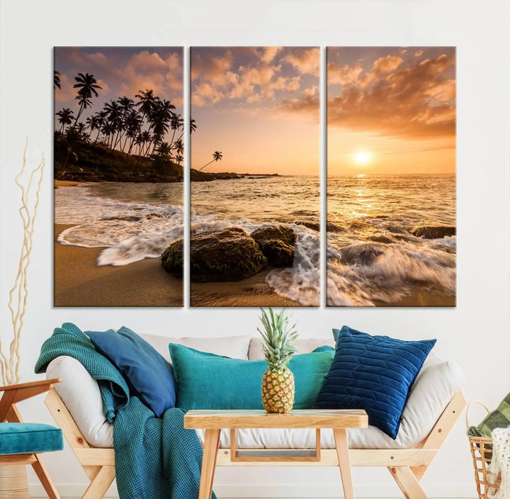 The "Tropical Island Sunset Sunrise Wall Art Canvas Print" is a stunning triptych that showcases a tranquil beach sunset complete with waves and palm trees. Each canvas piece is meticulously hand-assembled and framed using museum-quality polycotton with a UV-protective coating to ensure enduring beauty.