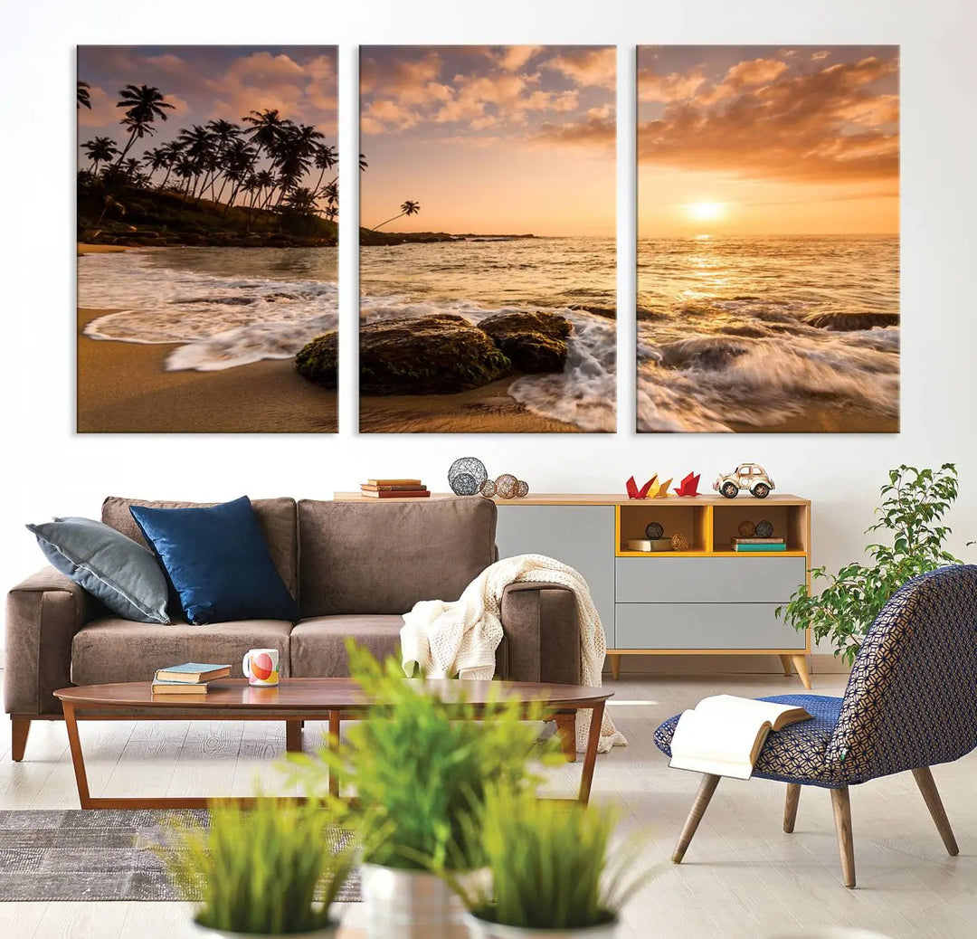 The "Tropical Island Sunset Sunrise Wall Art Canvas Print" is a stunning triptych that showcases a tranquil beach sunset complete with waves and palm trees. Each canvas piece is meticulously hand-assembled and framed using museum-quality polycotton with a UV-protective coating to ensure enduring beauty.