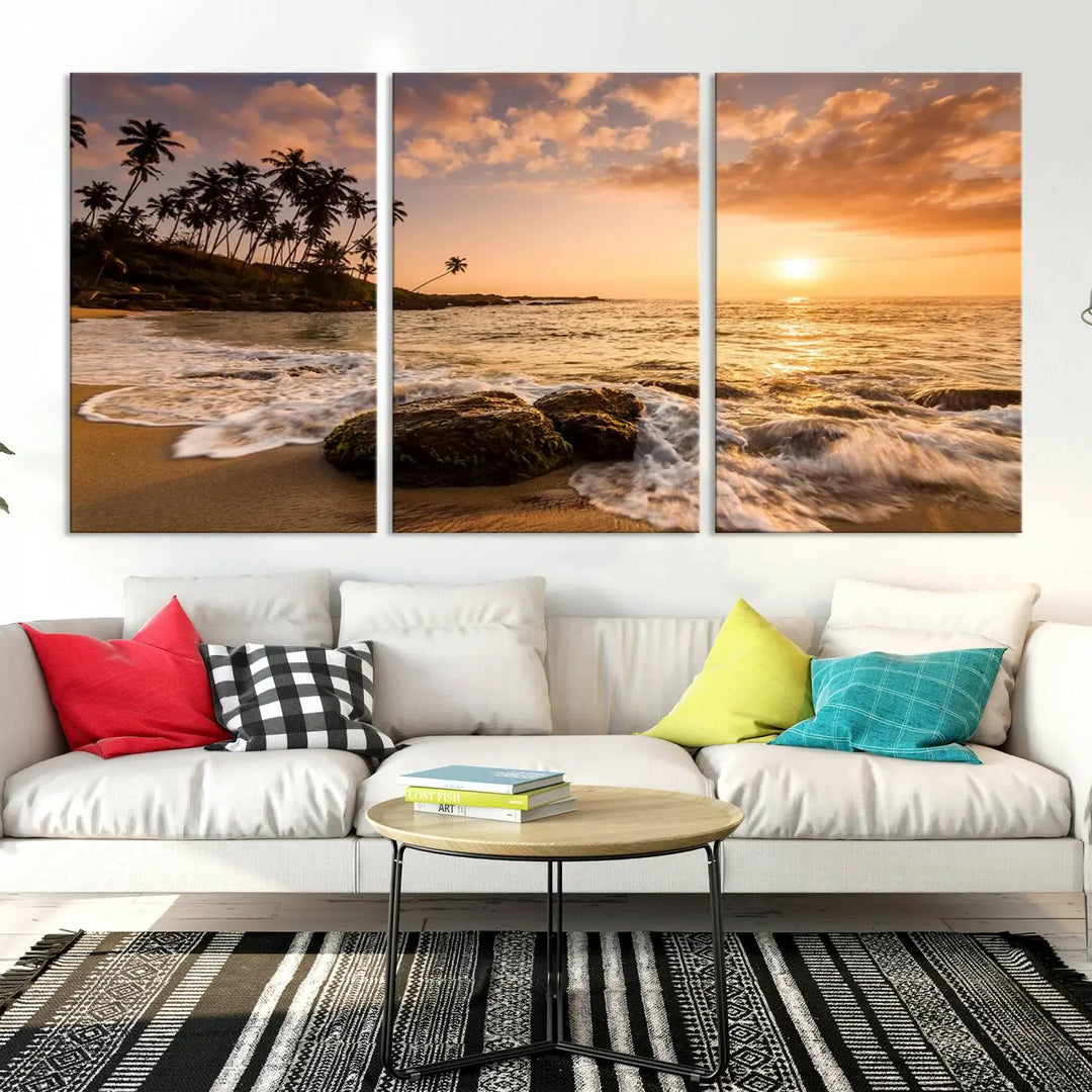 The "Tropical Island Sunset Sunrise Wall Art Canvas Print" is a stunning triptych that showcases a tranquil beach sunset complete with waves and palm trees. Each canvas piece is meticulously hand-assembled and framed using museum-quality polycotton with a UV-protective coating to ensure enduring beauty.