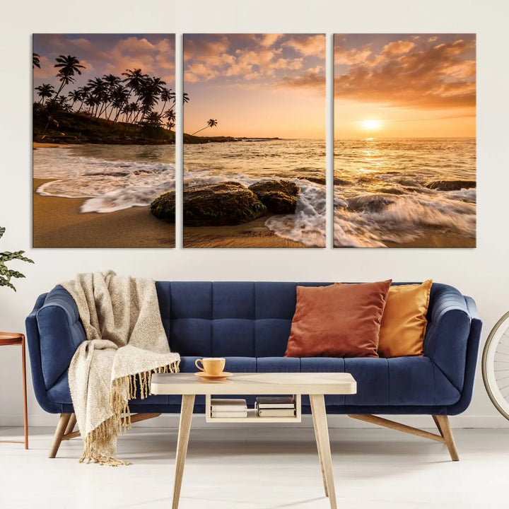 The "Tropical Island Sunset Sunrise Wall Art Canvas Print" is a stunning triptych that showcases a tranquil beach sunset complete with waves and palm trees. Each canvas piece is meticulously hand-assembled and framed using museum-quality polycotton with a UV-protective coating to ensure enduring beauty.