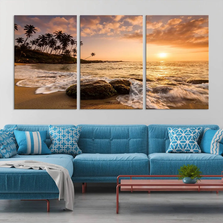 The "Tropical Island Sunset Sunrise Wall Art Canvas Print" is a stunning triptych that showcases a tranquil beach sunset complete with waves and palm trees. Each canvas piece is meticulously hand-assembled and framed using museum-quality polycotton with a UV-protective coating to ensure enduring beauty.