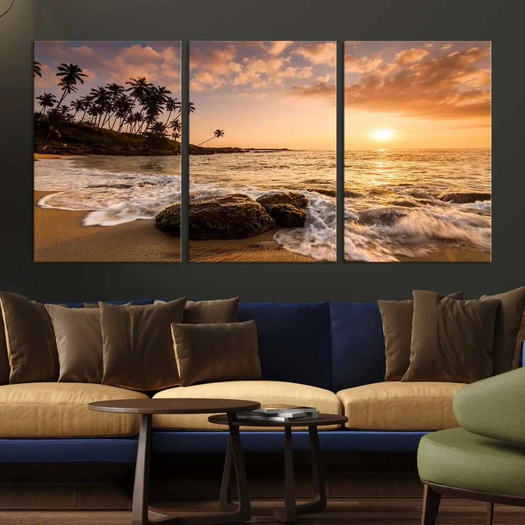 The "Tropical Island Sunset Sunrise Wall Art Canvas Print" is a stunning triptych that showcases a tranquil beach sunset complete with waves and palm trees. Each canvas piece is meticulously hand-assembled and framed using museum-quality polycotton with a UV-protective coating to ensure enduring beauty.