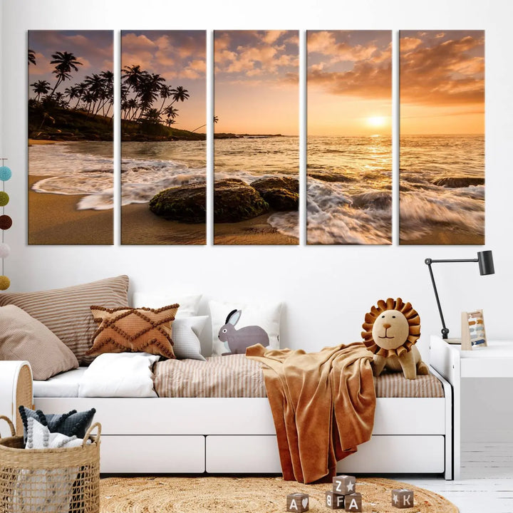 The "Tropical Island Sunset Sunrise Wall Art Canvas Print" is a stunning triptych that showcases a tranquil beach sunset complete with waves and palm trees. Each canvas piece is meticulously hand-assembled and framed using museum-quality polycotton with a UV-protective coating to ensure enduring beauty.