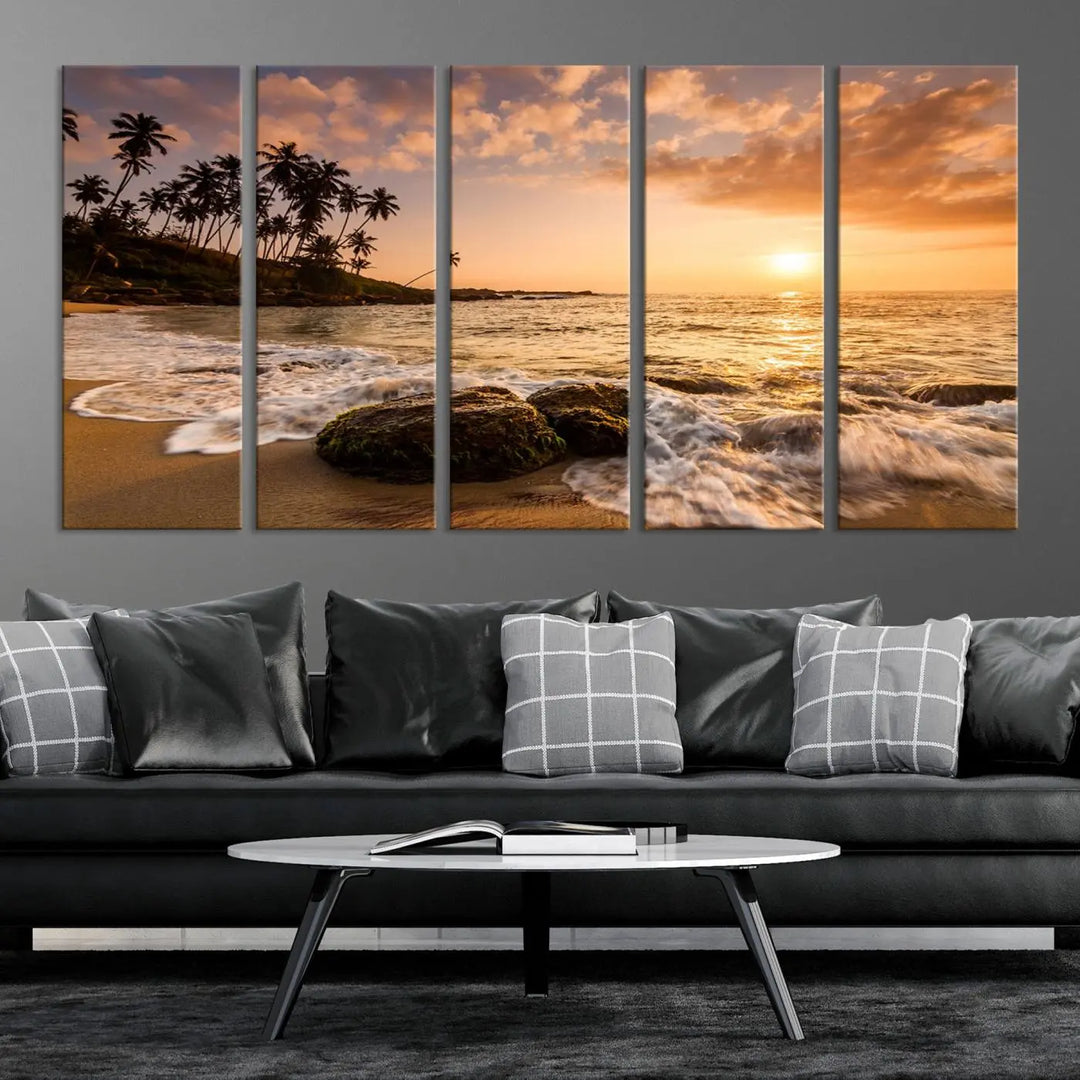 The "Tropical Island Sunset Sunrise Wall Art Canvas Print" is a stunning triptych that showcases a tranquil beach sunset complete with waves and palm trees. Each canvas piece is meticulously hand-assembled and framed using museum-quality polycotton with a UV-protective coating to ensure enduring beauty.