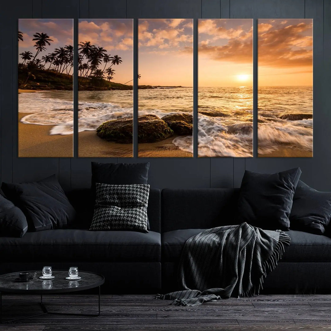 The "Tropical Island Sunset Sunrise Wall Art Canvas Print" is a stunning triptych that showcases a tranquil beach sunset complete with waves and palm trees. Each canvas piece is meticulously hand-assembled and framed using museum-quality polycotton with a UV-protective coating to ensure enduring beauty.