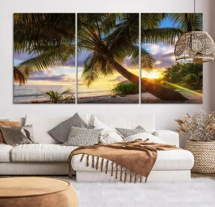 The Tropical Island Sunset on the Beach Palms Wall Art Canvas Print, featuring a gallery-wrapped finish, adds a stunning visual element to the space.