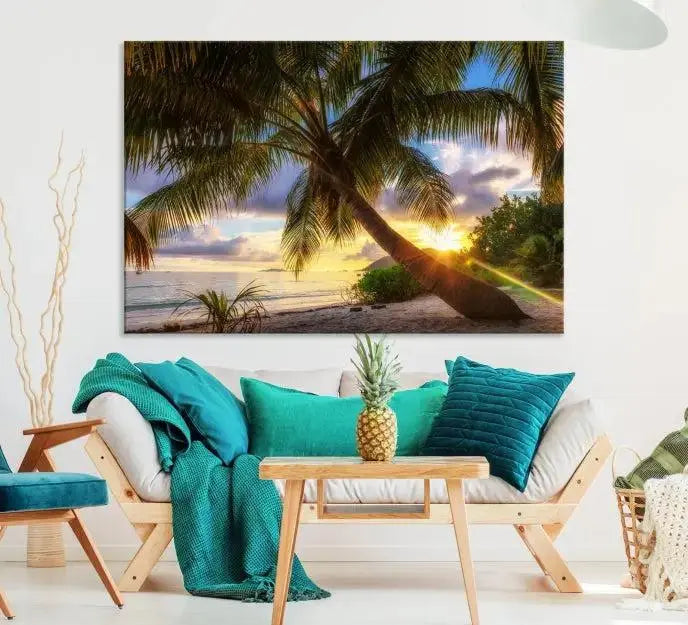 The Tropical Island Sunset on the Beach Palms Wall Art Canvas Print, featuring a gallery-wrapped finish, adds a stunning visual element to the space.